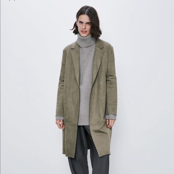 Olive Green Faux Suede Trench Coat - Picture 1 of 3